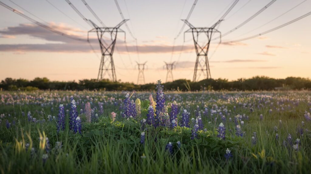 Texas wildflower field in spring with commercial power transmission towers receding into a warm golden-hour sunset