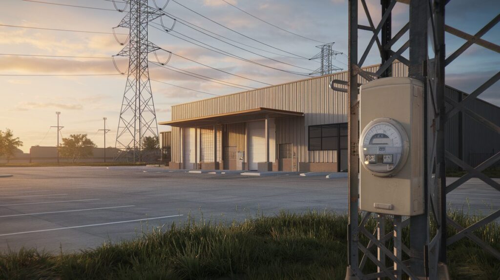 Commercial Electricity Rates Texas 10 Texas commercial building exterior with a prominent electric utility meter in the foreground and transmission towers in the background