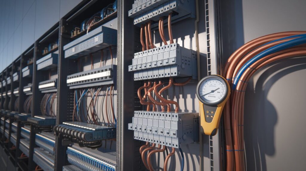 Commercial building heavy-duty electrical panel with rows of thick circuit breakers, heavy copper bus bars, and industrial conduit