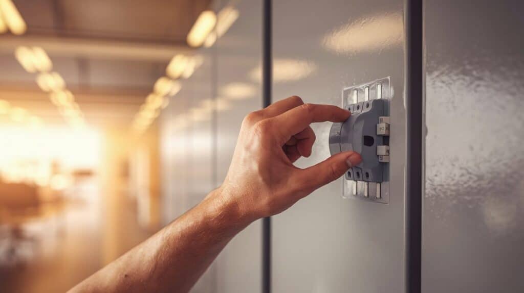 Hand confidently flipping a large industrial electrical disconnect switch on a clean gray commercial electrical panel