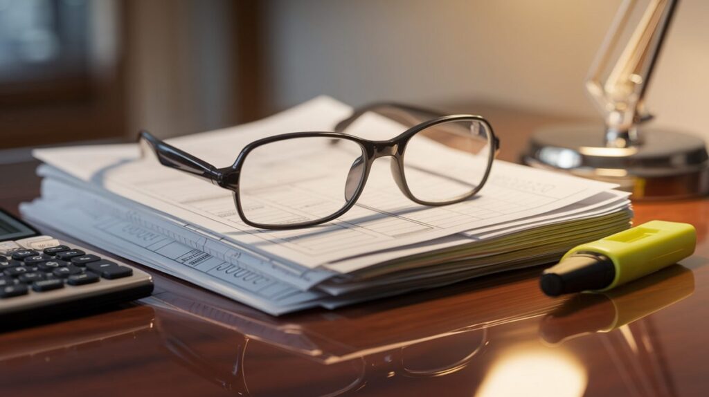 Pair of reading glasses resting on top of a blurred stack of utility paperwork on a polished wooden desk, with a calculator beside them
