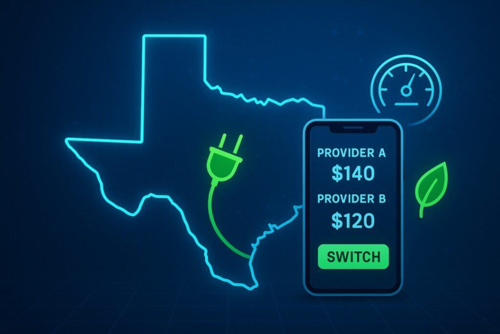 Texas outline with an iphone and electricity money savings by switching providers