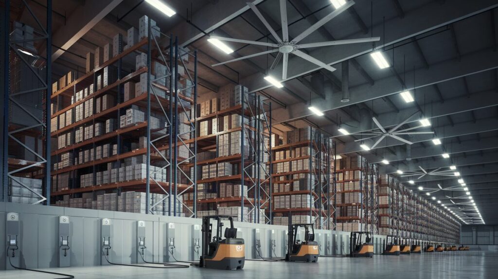 Large warehouse interior with high-bay LED lights illuminating tall shelving racks and electric forklifts plugged into charging stations