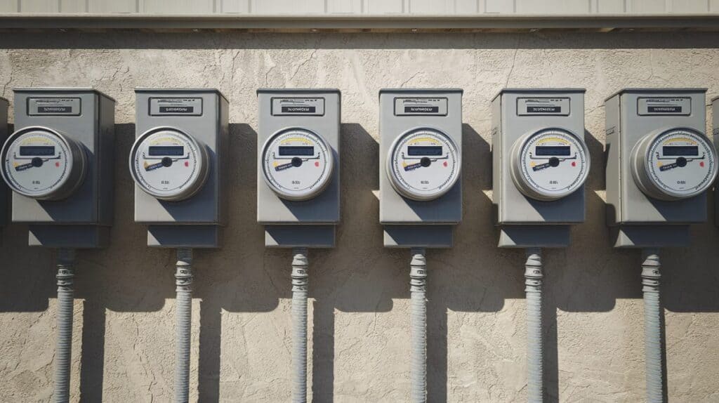 Row of six commercial electricity meters mounted side by side on the exterior wall of a Texas strip mall, each disc spinning at a different speed