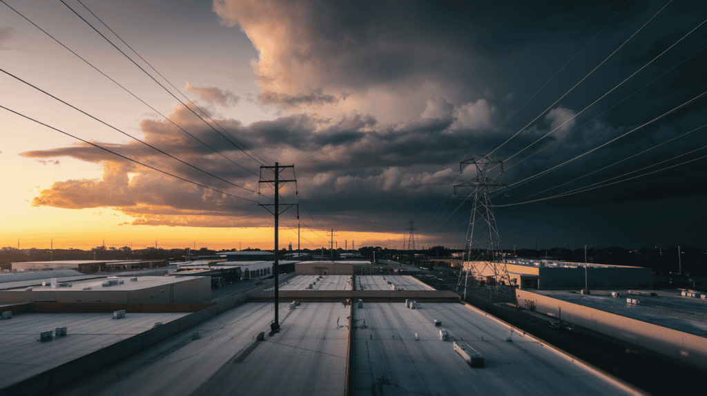 Fixed vs Variable Electricity Rates for Business 3 Texas commercial district at dusk — golden calm on one side, storm rolling in on the other, power lines and transmission towers connecting the two.